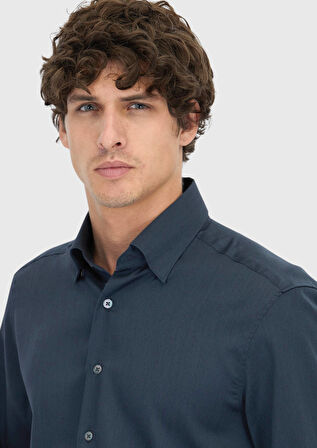 Antrasit Düz Casual Fit Dokuma Casual İpek Karışımlı Gömlek