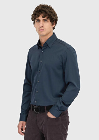 Antrasit Düz Casual Fit Dokuma Casual İpek Karışımlı Gömlek