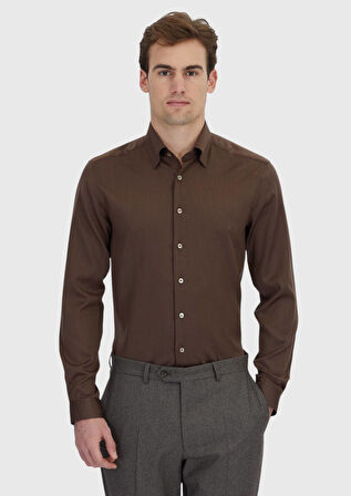 Kahverengi Düz Casual Fit Dokuma Casual İpek Karışımlı Gömlek