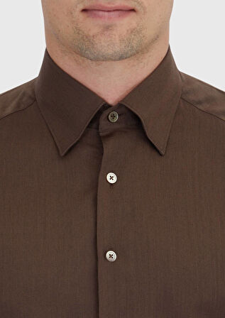Kahverengi Düz Casual Fit Dokuma Casual İpek Karışımlı Gömlek