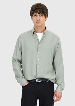 Haki Casual Fit Dokuma Casual Pamuk Karışımlı Gömlek