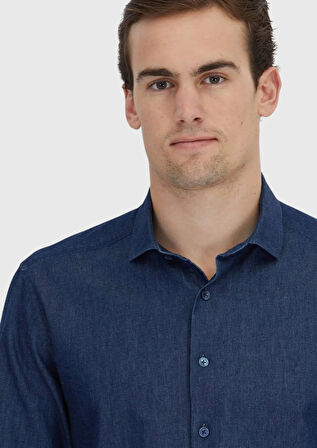 İndigo Düz Casual Fit Dokuma Casual %100 Pamuk Gömlek