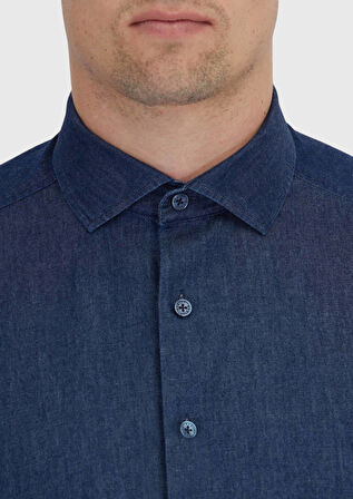 İndigo Düz Casual Fit Dokuma Casual %100 Pamuk Gömlek