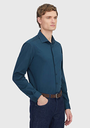 Petrol Düz Regular Fit Casual Pamuk Karışımlı Gömlek