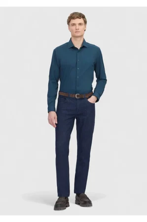 Petrol Düz Regular Fit Casual Pamuk Karışımlı Gömlek