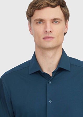 Petrol Düz Regular Fit Casual Pamuk Karışımlı Gömlek
