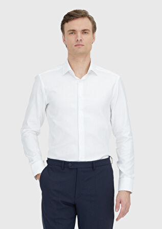 Beyaz Desenli Regular Fit Dokuma Klasik %100 Pamuk Gömlek