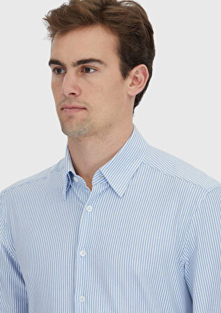 Açık Mavi Çizgili Regular Fit Klasik Pamuk Karışımlı Gömlek