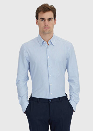 Açık Mavi Çizgili Regular Fit Klasik Pamuk Karışımlı Gömlek