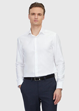 Beyaz Desenli Regular Fit Dokuma Klasik %100 Pamuk Gömlek