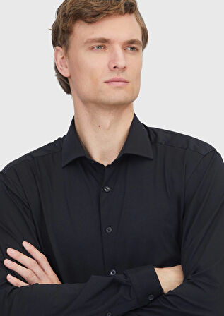 Siyah Düz Regular Fit Casual Pamuk Karışımlı Gömlek