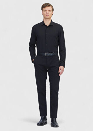 Siyah Düz Regular Fit Casual Pamuk Karışımlı Gömlek