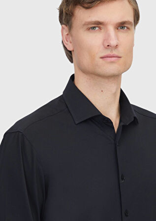 Siyah Düz Regular Fit Casual Pamuk Karışımlı Gömlek