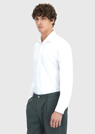 Beyaz Düz Regular Fit Casual Pamuk Karışımlı Gömlek