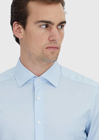 Açık Mavi Baskılı Regular Fit Klasik Pamuk Karışımlı Gömlek
