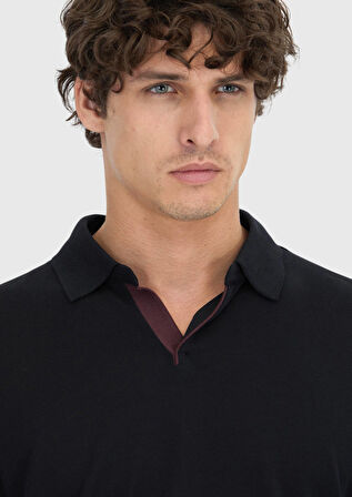 Siyah Polo Yaka Düz Sweatshırt