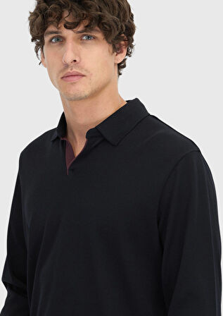 Siyah Polo Yaka Düz Sweatshırt