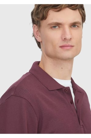 Bordo Polo Yaka Jakarlı Sweatshırt
