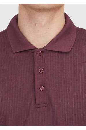 Bordo Polo Yaka Jakarlı Sweatshırt