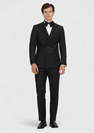 Siyah Slim Fit Kruvaze Yaka Dokuma Smokin Takım Elbise