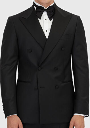 Siyah Slim Fit Kruvaze Yaka Dokuma Smokin Takım Elbise