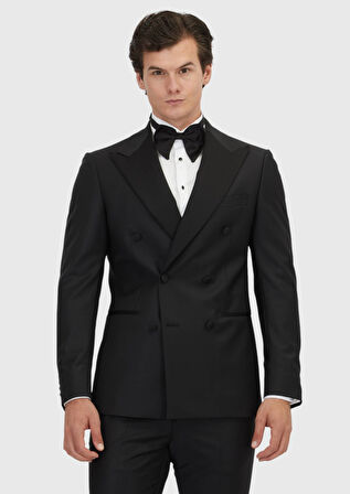 Siyah Slim Fit Kruvaze Yaka Dokuma Smokin Takım Elbise