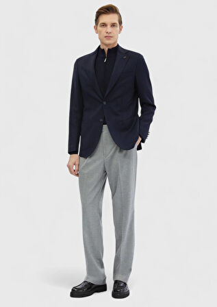 Lacivert Düz Comfort Fit %100 Yün Ceket