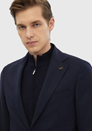 Lacivert Düz Comfort Fit %100 Yün Ceket