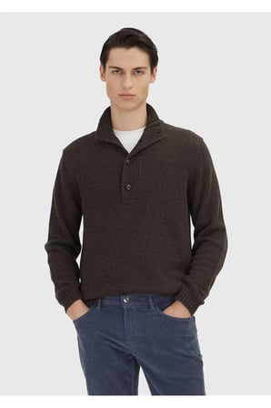 Kahverengi Yarım Balıkçı Yaka Düz Örgü Kaşmir Karışımlı Triko Kazak