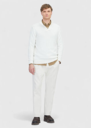 Ekru Yarım Balıkçı Yaka Düz Örgü Yün Karışımlı Triko Kazak