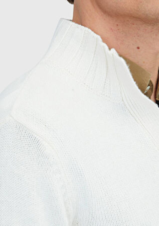 Ekru Yarım Balıkçı Yaka Düz Örgü Yün Karışımlı Triko Kazak