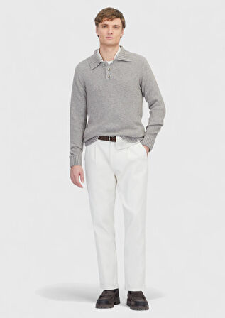 Vizon Polo Yaka Düz Örgü Yün Karışımlı Triko Kazak