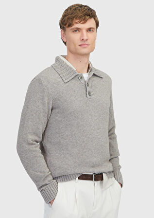 Vizon Polo Yaka Düz Örgü Yün Karışımlı Triko Kazak