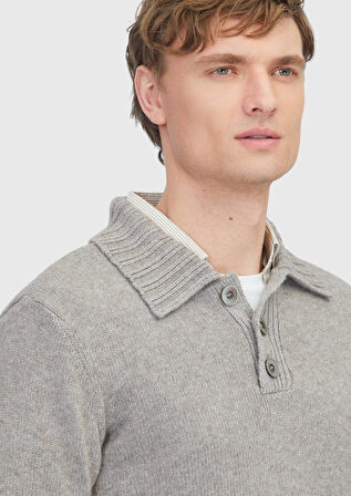 Vizon Polo Yaka Düz Örgü Yün Karışımlı Triko Kazak