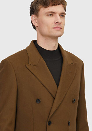 Yağ Yeşili Regular Fit Kruvaze Yaka Casual Dokuma Palto