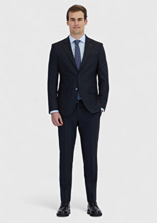 Koyu Lacivert Çizgili Modern Fit Yün Karışımlı Takım Elbise