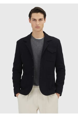 Koyu Lacivert Düz Shirt Shoulder Slim Fit Yün Karışımlı Örme Ceket