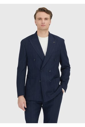 Lacivert Çizgili Shirt Shoulder Slim Fit Yün Karışımlı Ceket