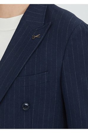 Lacivert Çizgili Shirt Shoulder Slim Fit Yün Karışımlı Ceket