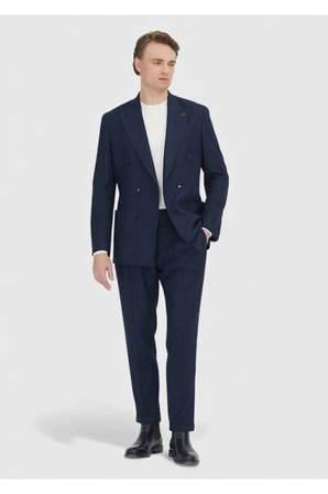 Lacivert Çizgili Shirt Shoulder Slim Fit Yün Karışımlı Ceket