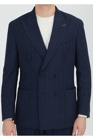 Lacivert Çizgili Shirt Shoulder Slim Fit Yün Karışımlı Ceket