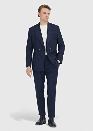 Lacivert Çizgili Shirt Shoulder Slim Fit Yün Karışımlı Ceket