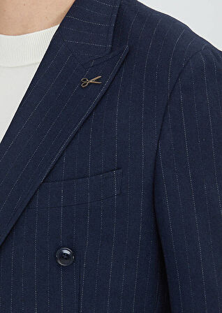 Lacivert Çizgili Shirt Shoulder Slim Fit Yün Karışımlı Ceket