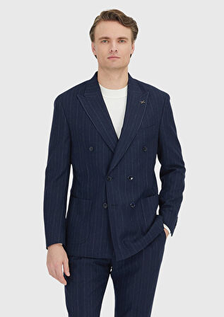 Lacivert Çizgili Shirt Shoulder Slim Fit Yün Karışımlı Ceket