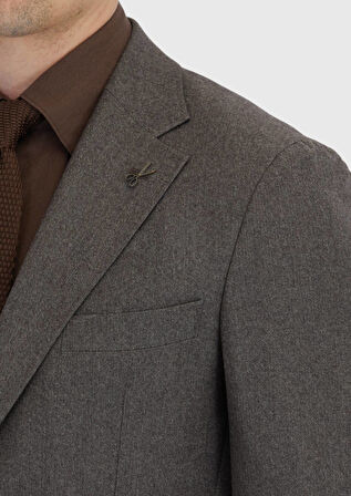 Açık Kahve Desenli Zeroweight Slim Fit %100 Yün Takım Elbise