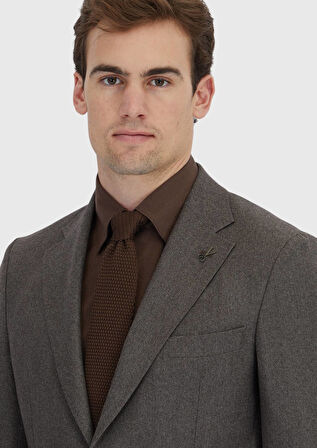 Açık Kahve Desenli Zeroweight Slim Fit %100 Yün Takım Elbise