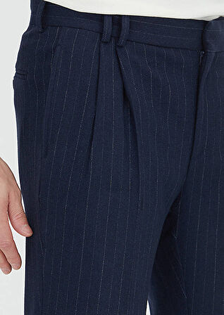 Lacivert Çizgili Dokuma Regular Fit Casual Yün Karışımlı Pantolon