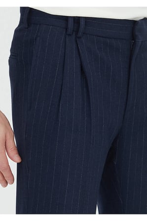 Lacivert Çizgili Dokuma Regular Fit Casual Yün Karışımlı Pantolon