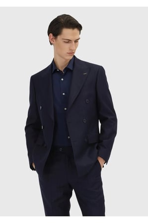 Lacivert Çizgili Zeroweight Slim Fit %100 Yün Takım Elbise