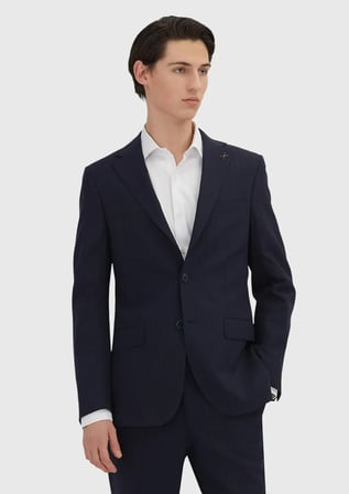 Lacivert Çizgili Modern Fit Yün Karışımlı Takım Elbise
